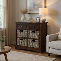 Rustic Storage Cabinet with Two Drawers and Four Classic Rattan Basket