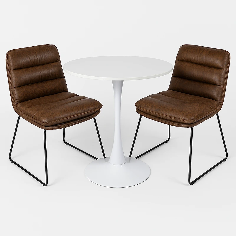 Round Dining Set with Brown Chairs, Set of 3 - White