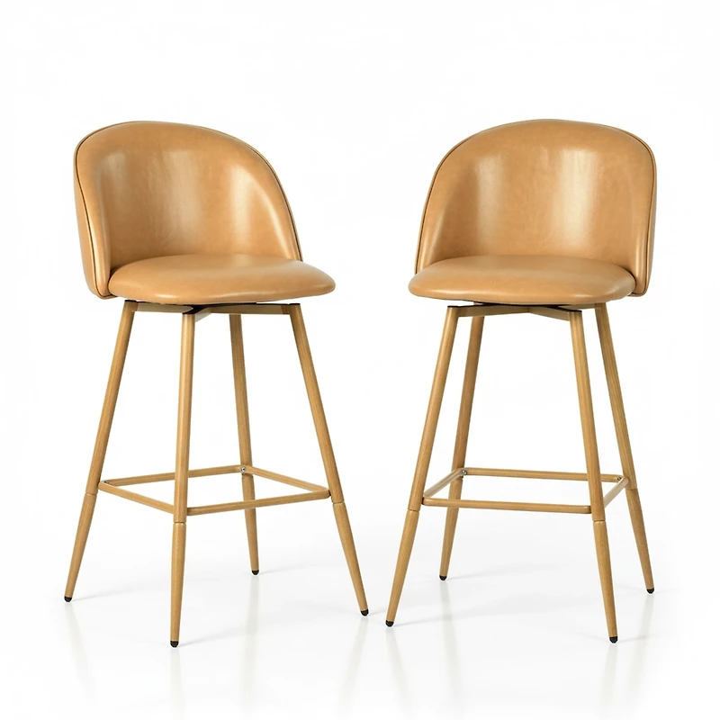 Set of 2 Swivel 26.8" Counter Bar Stools - Cognac Brown Faux Leather