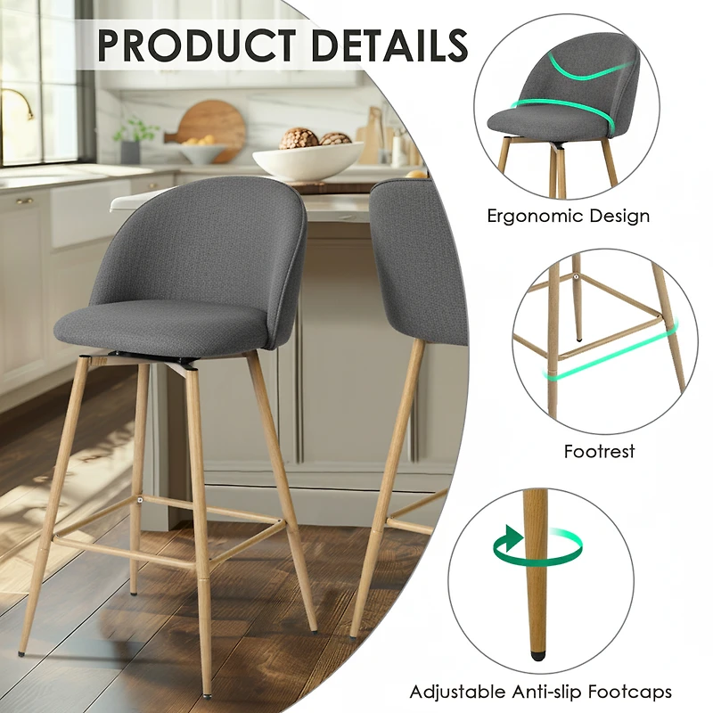 Set of 2 Grey Fabric Swivel Counter Barstools by Maison Classique