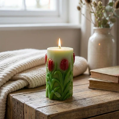 Unscented Wax Tulip Engraved Pillar Candle, Large - Assorted