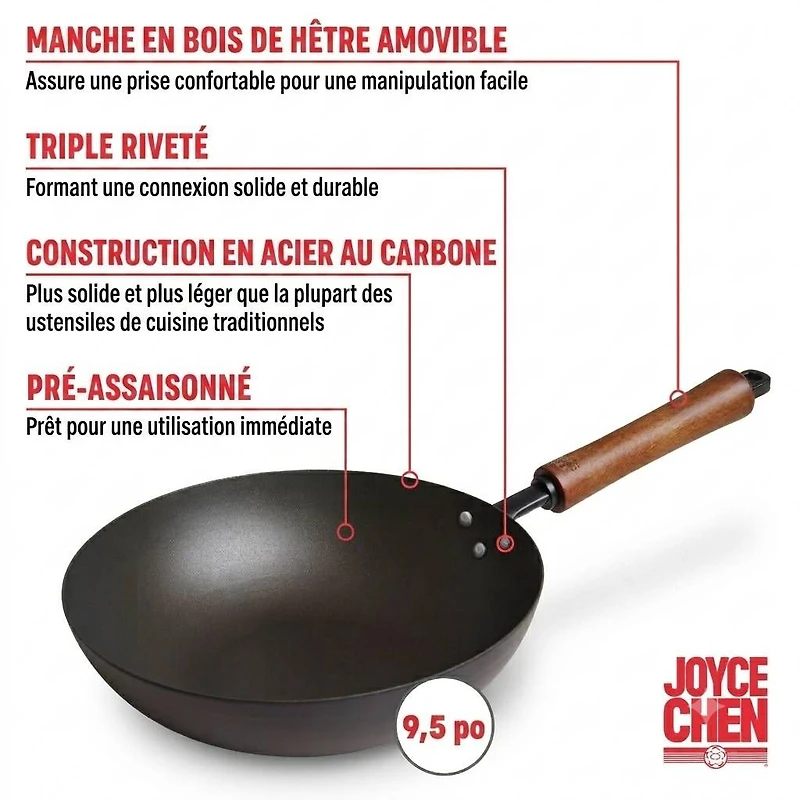 Joyce Chen Séries Classique Poêle à frire antiadhésive en céramique et acier au carbone - 9,5 po