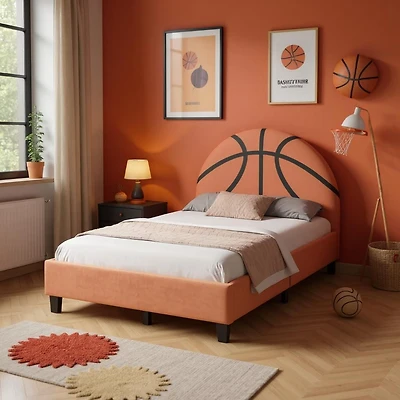 Basketball Design Upholstered Twin Bed Orange