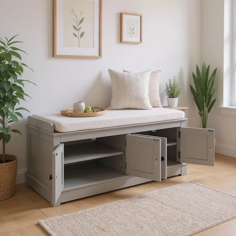 Storage Bench with 4 Doors and Adjustable Shelves