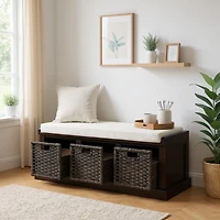 Rustic Storage Bench with 3 Removable Classic Rattan Basket