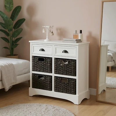 Rustic Storage Cabinet with Two Drawers and Four Classic Rattan Basket