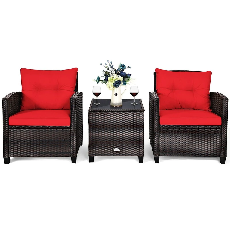 3-Piece Cushioned Rattan Patio Conversation Set, Coffee Table