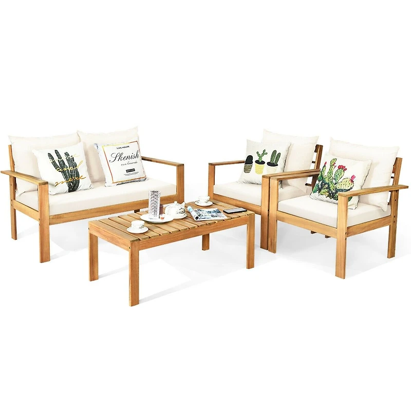 4-Piece Patio Acacia Wood Thick Cushion Loveseat Sofa Set - White