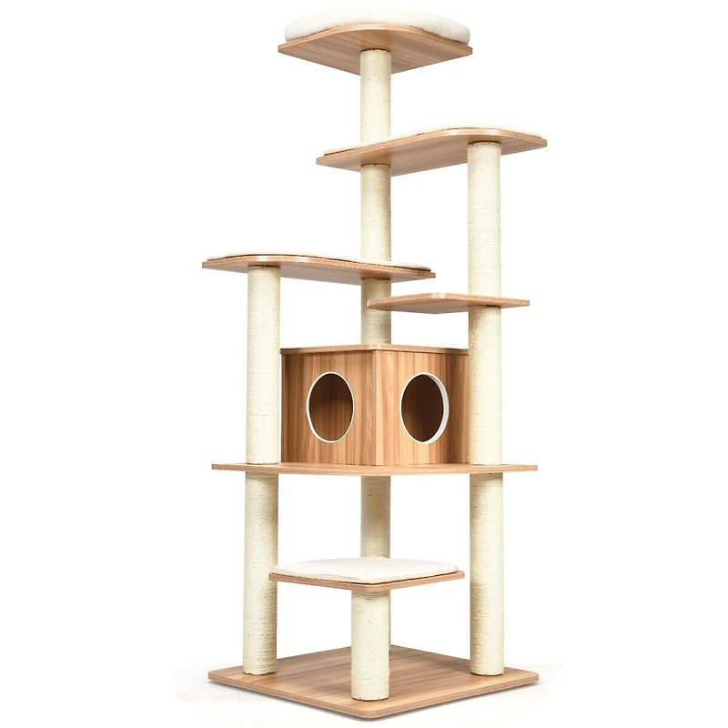 7-Layer Wooden Cat Tree Tall Cat Tower, Sisal Posts and Condo - Natural
