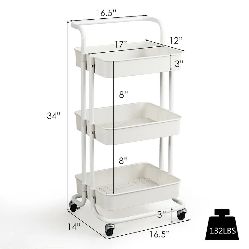 3-Tier Utility Cart Storage Rolling Cart, Casters - White