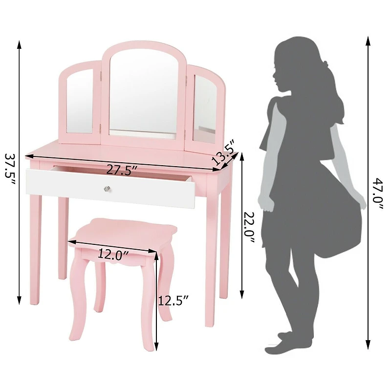 Kids Princess Make Up Dressing Table, Tri-folding Mirror and Chair - Pink
