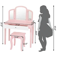 Kids Princess Make Up Dressing Table, Tri-folding Mirror and Chair - Pink