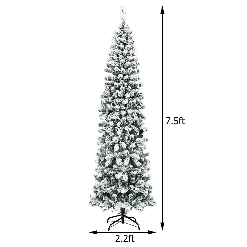 Unlit Hinged Snow Flocked Artificial Pencil Christmas Tree with 641 Tips - 7.5 ft