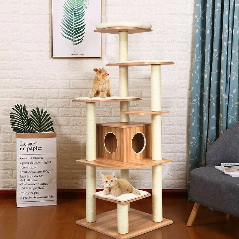 7-Layer Wooden Cat Tree Tall Cat Tower, Sisal Posts and Condo - Natural