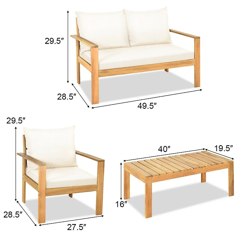 Ensemble de canapé 2 places en bois d'acacia pour terrasse, coussins épais, 4 pièces - Blanc