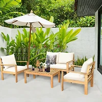 4-Piece Patio Acacia Wood Thick Cushion Loveseat Sofa Set - White