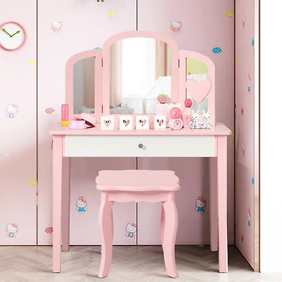 Kids Princess Make Up Dressing Table, Tri-folding Mirror and Chair - Pink