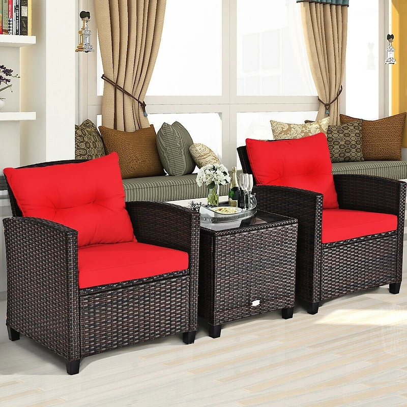 3-Piece Cushioned Rattan Patio Conversation Set, Coffee Table