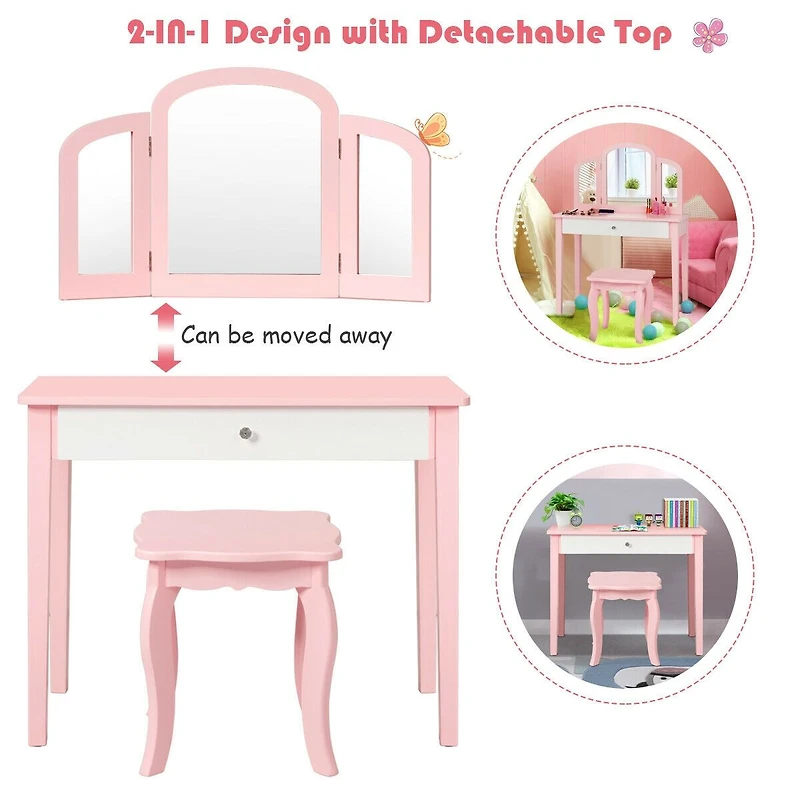 Coiffeuse de maquillage pour enfants « Princesse », miroir à trois volets et chaise - rose