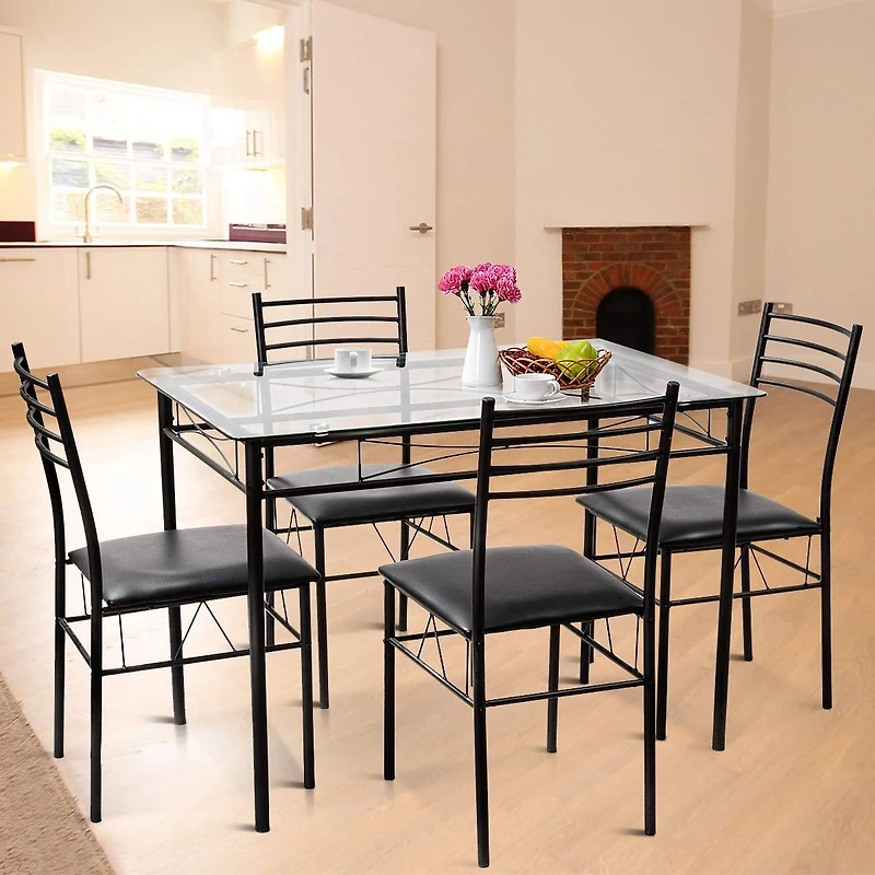 5-Piece Dining Set, Tempered Glass Top Table and 4 Upholstered Chairs