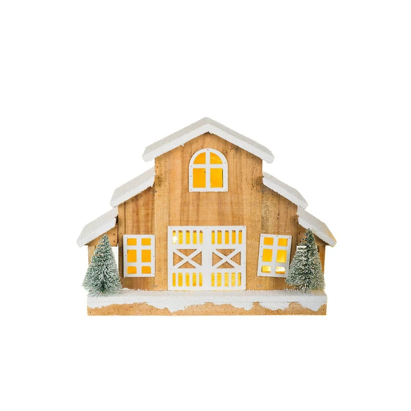 Umber and White Wooden Rustic Barn Warm White LED Accent Pine Trees