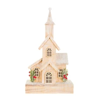 Frosted Peach and White Wooden Church LED Display with Bushes