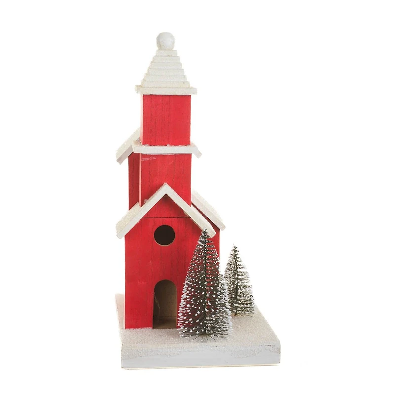 Frosted Red and White Wooden Home LED Display with Pine Trees