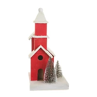 Frosted Red and White Wooden Home LED Display with Pine Trees