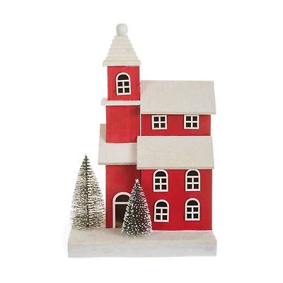 Frosted Red and White Wooden Home LED Display with Pine Trees