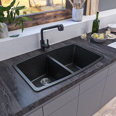 Soothera Évier de cuisine en granite à double bac encastré par le dessus – Noir