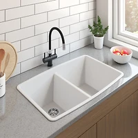 Soothera Granite Double Bowl Top Mount Kitchen Sink - White