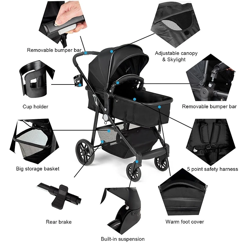 2 1 Foldable Pushchair Newborn Infant Baby Stroller