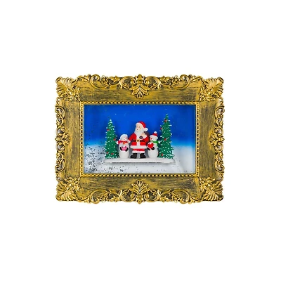 Boule à neige cadre photo en plastique doré avec DEL blanc chaud Père Noël et bonhommes de neige