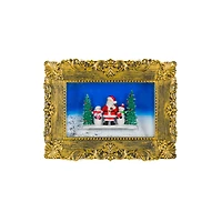 Boule à neige cadre photo en plastique doré avec DEL blanc chaud Père Noël et bonhommes de neige