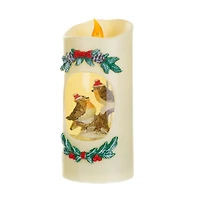 Off-White Plastic Candle Warm White LED Snow Globe Christmas Robins and Swirling Glitter