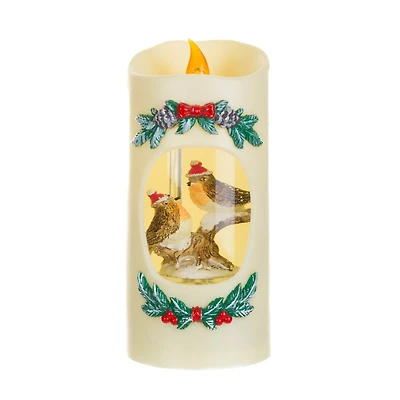 Off-White Plastic Candle Warm White LED Snow Globe Christmas Robins and Swirling Glitter