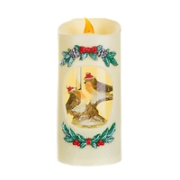 Off-White Plastic Candle Warm White LED Snow Globe Christmas Robins and Swirling Glitter
