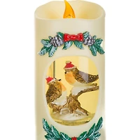 Off-White Plastic Candle Warm White LED Snow Globe Christmas Robins and Swirling Glitter