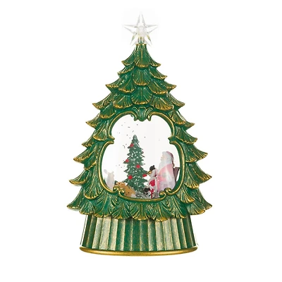 Boule à neige arbre surmonté d’une étoile en plastique vert avec DEL blanc chaud, Père Noël et famille de rennes