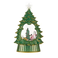 Boule à neige arbre surmonté d’une étoile en plastique vert avec DEL blanc chaud, Père Noël et famille de rennes