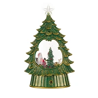 Boule à neige arbre surmonté d’une étoile en plastique vert avec DEL blanc chaud, Père Noël et famille de rennes