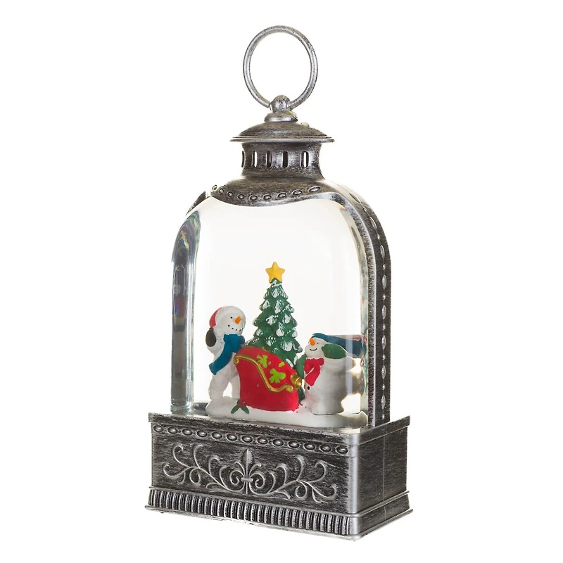Silver Plastic Lantern Cool White LED Snow Globe Snow Family Adventure