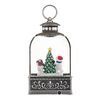 Silver Plastic Lantern Cool White LED Snow Globe Snow Family Adventure