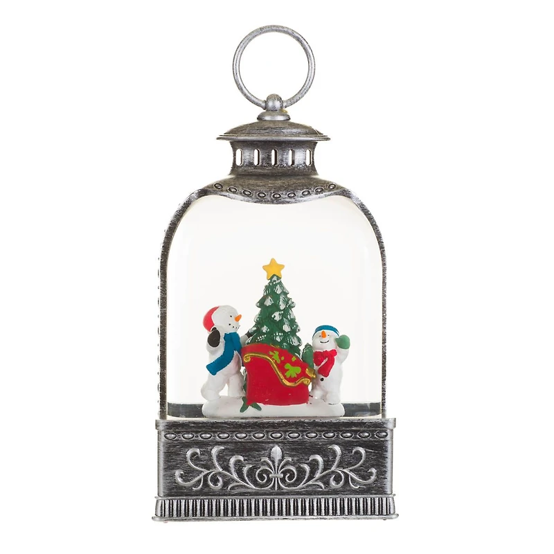 Silver Plastic Lantern Cool White LED Snow Globe Snow Family Adventure