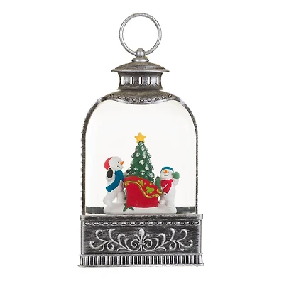 Silver Plastic Lantern Cool White LED Snow Globe Snow Family Adventure