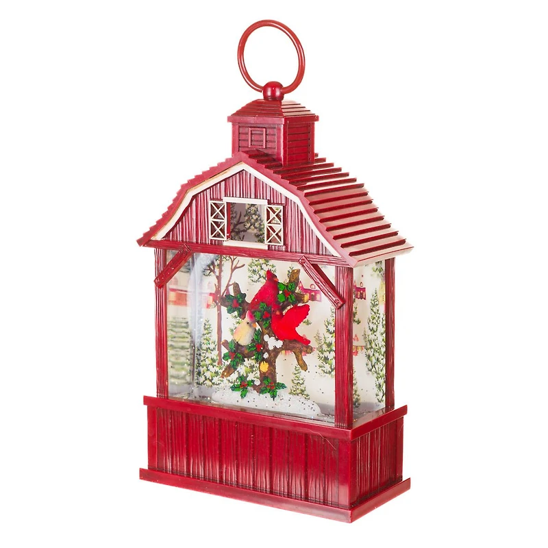 Red Plastic Barnhouse Warm White LED Water Lantern with Cardinals