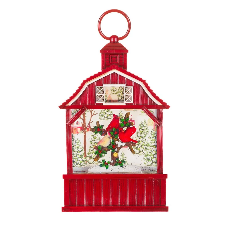 Red Plastic Barnhouse Warm White LED Water Lantern with Cardinals