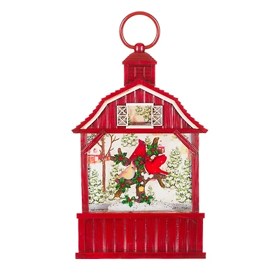Red Plastic Barnhouse Warm White LED Water Lantern with Cardinals