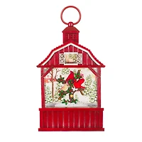 Red Plastic Barnhouse Warm White LED Water Lantern with Cardinals