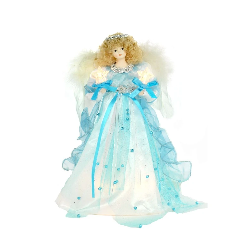 White and Teal Cotton Snowflake Warm White LED Angel Tree Topper Stars